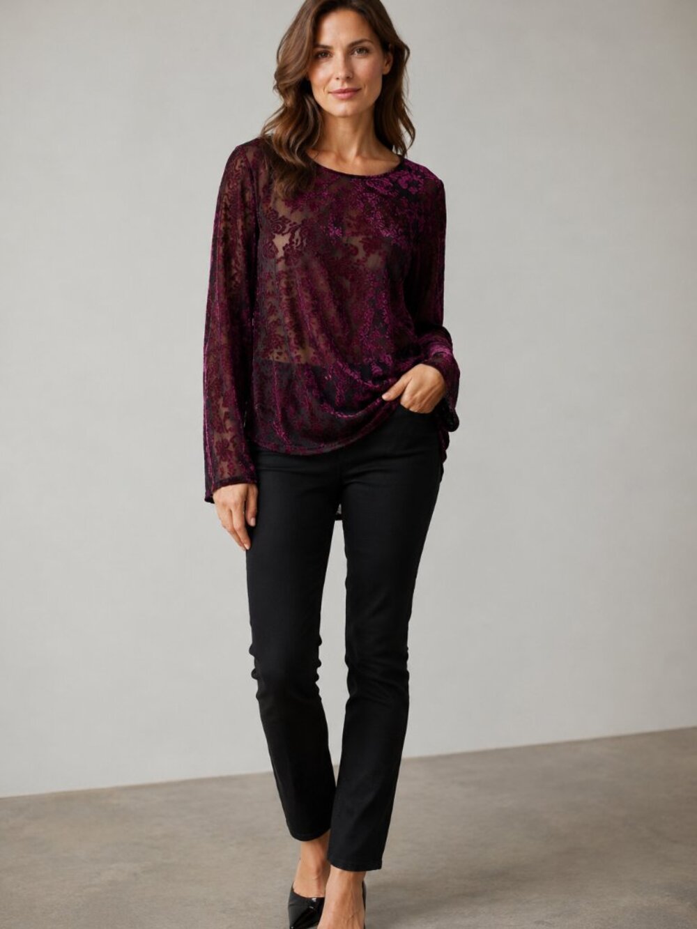 Karen Kane Burnout Shirttail Top Purple Black Floral Size 0X NWT